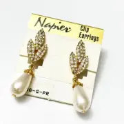 Napier Vintage Pave Crystal & Pearl Drop Clip Earrings