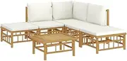vidaXL 6-Piece Bamboo Garden Lounge Set with Cream White Cushions - Natural and Durable Outdoor Furniture Set with Table, Footstool, Middle and Corner Sofa
