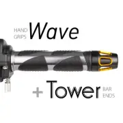 KiWAV Motorcycle Wave Grips Dark Gray with Tower Bar Ends Gold/Black