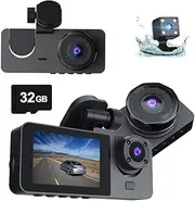 [WAVANCKY] 3 Channel Dash Cam Front and Rear Inside for Cars, Full UHD Car Camera with 32GB Card, IR Night Vision, 3.18” IPS Screen, 176° Wide Angle, 24H Parking Monitor, G-Sensor, Loop Recording