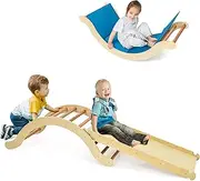 HONEY JOY Kids Wooden Climbing Arch Ladder, 3-in-1 Climbing & Rocking Board w/Reversible Ramp & Blue Mat, Indoor Outdoor Kids Pikler Climbing Frame, Montessori Gym for Toddlers