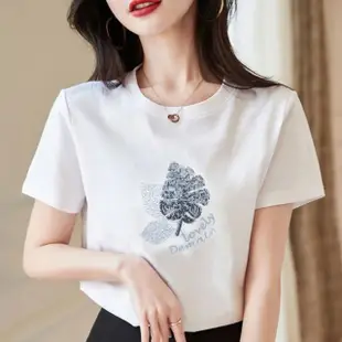 【MsMore】白色短袖T恤韓版寬鬆圓領印花棉短版上衣#118385(白)