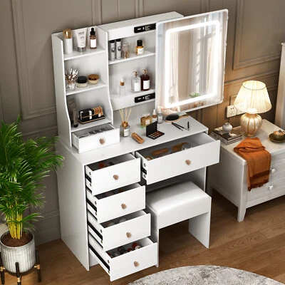 Modern Vanity Desk Make Up Dressing Table Set w/ LED Lighted Mirror Stool Drawer