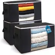 AIOR Pack of 3 90 L Large Storage Bags, Foldable Clothes Storage, Cupboard Organiser for Clothes, Blankets, Pillows, Quilt, Season, Item Storage, 60 x 40 x 35 cm (Black)