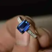 2Ct Emerald Cut Blue Sapphire Simulated Women Ring 14K White Gold Plated