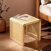 Furb 35CM Coffee Side Table, Modern Accent Bedside Table with Natural Cane Webbing & Sturdy Solid Wood Frame Rattan Sofa End Table for Home, Living Room, Office, Balcony(Oak)