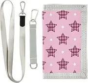 [miaozhen] Cartoon Pink Checkered Plaid Stars trifold billfold wallet for women cool casual wallet card holder with lanyard carteras para hombre, Cartoon peach Checkered plaid stars, 1 size