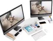 Dual Monitor Stand Riser w/ Drawer & Metal Leg, Large White Computer Monitor Ris