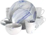 Fine round Gloss Dinnerware Dish Set, 16 Piece, Blue and White Marble