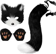 [Generic] Furry Tail And Ears | Animal Tail Cosplay Costume,Realistic Cat Tail And Paw Gloves Set, Furry Cat Gloves And Tails Set For Halloween Fancy Party Costume