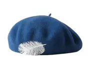 Women French Feather Wool Beret Hats - Solid Color Classic Beanie Winter Blue