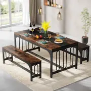 55 Inch Dining Table Set for 4-6 with Benches - Rustic Brown