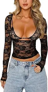 [OZYILIAN] Floral Women's Lace Top Y2K Backless Crop Top Sexy Sheer See Through Shirt Slim Fit Outwear Tops