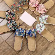 Lady Floral Slippers Shoes Linen Blend Open-toe Non-slip Bathroom Beach Casual