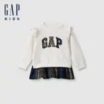 【GAP】女幼童裝 LOGO刺繡假兩件圓領長袖上衣 碳素軟磨法式圈織系列-象牙白(643510)