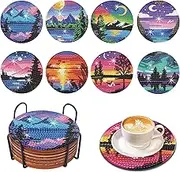 8 Pcs Landscape Diamond Art Coasters With Holder - DIY Painting Kit for Adults, Kids and Beginners - Art Craft Supplies Gift