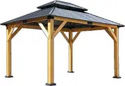 [WZZHHJ] Fir carport Gazebo， Wood Coated Steel Frame, Double Steel Roof, Outdoor Permanent Metal Gazebo with Mesh Cover, Suitable for Patio