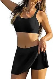 [ZAFUL] Women's High Waisted Bikini Set Sporty Two Piece Swimsuits Scoop Neck Push Up Cheeky Bathing Suits with Swim Skirt