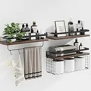 Uandhome Floating Shelves with Storage Basket,Bathroom Shelves Over Toilet Paper Holder, Wall Mounted Rustic Wood Storage Basket Shelves for Bedroom, Living Room & Kitchen (Dark)