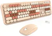 Wireless Keyboard and Mouse Combo - Cute Round Keycaps Full-Size Retro Typewriter Keyboard with 2.4GHz, Plug & Play for Windows/Laptop/PC/Notebook/Smart TV and More (Milk Tea)