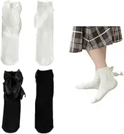 [DeaHea] 2 Pairs Ribbon Bow Socks Crew Ruffle Socks Sheer Big Bow Tie Ankle Sock for Women and Girls Lolita Socks(Black+White), Black+white, One Size