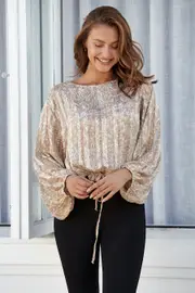 Salem Sheer Beige Drawstring Waist Long Sleeve Top