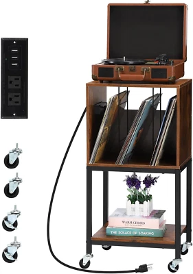 Record Player Table Vinyl Shelf USB Ports & Outlets Turntable Stand Cabinet Stor