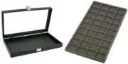 Glass Lid Jewelry Display Case 14 3/4" w/ Gray 36 Compartment Display Tray