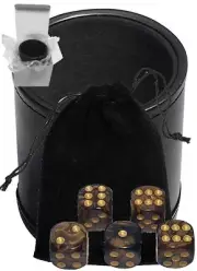 16mm Pearlized Gold Black Dice w/Pouch +PU Leather Black Felt Lined Dice Cup Box