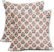 4th of July Patriotic Floral Block Print Pillow Covers 18x18 Inch Set of 2, Navy Blue Red Vintage Flower Decorative Throw Pillowcases Outdoor Memorial Day Cushion Covers Holiday Sofa Couch Bed Decor