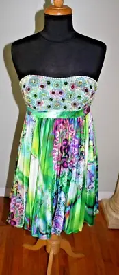 Sherri Hill Womens Pleated Beaded Strapless Mini Dress Blue Green Size 6 $309 NW