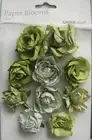 Paper Blooms OLIVE Green Mix - 10 Mixed Paper Roses 2.5 - 4cm Kaisercraft