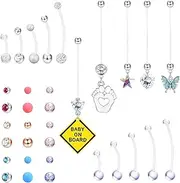 [Kakonia] Plastic Pregnancy Belly Button Rings Long Bar Navel Rings for Maternity Sport Pregnant Women Flexible Clear Acrylic Dangle Belly Rings with Different Length Bar and Balls for Replacement