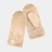 NEW Light Beige Plushy Faux Fur White Snowflake Soft Fleece Lined Mitten Gloves