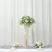 GOLD 2 Metal 32" Trumpet VASES Acrylic Crystal Beads Table Centerpieces Party