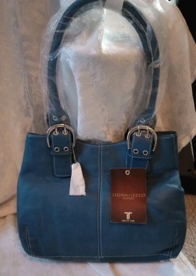Tignanello Handbag Purse Steel Blue Pebbled Leather Double Handles With Wallet