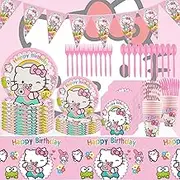 91 Pcs Kitty Themed Birthday Party Supplies Set - Tableware, Happy Birthday Banners, Plates, Napkins