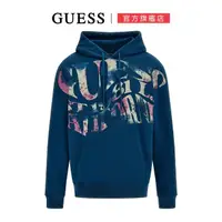 在飛比找momo購物網優惠-【GUESS】復古LOGO印花抽繩連帽口袋帽T(藍綠)