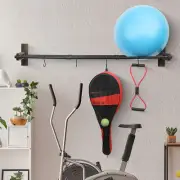 Rustic Wood Mount Black Metal Pipe Yoga Exercise Ball Storage Rack w/ 4 S-Hooks