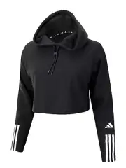 Adidas Women Essentials Crop Shirts Black Hoody Shirt Tee Casual Jersey HN5554