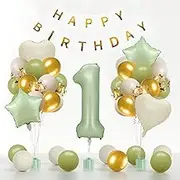 Sage Green Balloons 1st Birthday Decorations Boy, Olive Green Star Balloon Cream Heart Balloon Gold Sand Green Confetti Latex Balloon Birthday banner for Baby 1st Old Birthday Party Decor Supplies