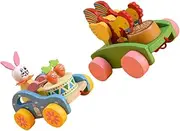 Kisangel Safe Wooden Animal Tractor Toys Set 2 Pcs Pull Along Toys for Boys and Girls Pull Rope Random Color