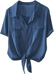 [AEURPLT] Women's Button Down Shirt Tie Front Short Sleeve Office Business Blouse Sheer Summer Casual Tops, Blue, 2X-Large