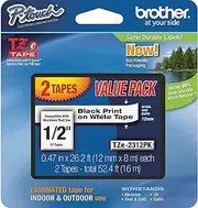 Brother P-Touch TZe2312PK 1/2 - inch Standard Laminated Tape, Black on White, 26.2 Feet (2-Pack)
