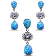 Pear Blue Opal & Amethyst .925 Sterling Silver Pendant & Earring Set