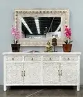 Indian Hand Carved Mandala White Timber Buffet Storage Sideboard