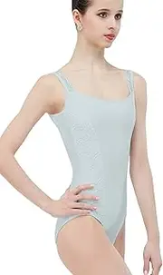 [Wearmoi] Wear Moi EVIDXSLGR Women's Ballet Tank Style Cami Leotard, Lace Trim, V-Cut Back Stretch Lace, Microfiber (XS Size) Light Gray