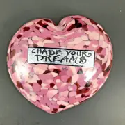 Hand Blown Art Glass Pink Millefiori Heart Paperweight "Chase Your Dreams 3 3/4"
