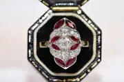 New Made 18k Gold Natural Diamond And Marquise Cut Ruby Decorated Navette Ring