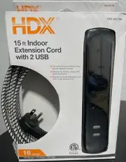 NEW HDX 15 ft. 16/3 3 Outlet, 2 USB Braided Extension Cord in Black & Grey